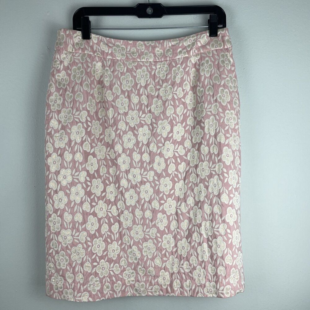 Harolds Womens Pencil Skirt Lined Back Slit Pink Floral Textured Metallic Size 8